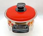 Vintage Mid Century Red orange yellow Flowers Enamel Cookware Pot W  Red Lid