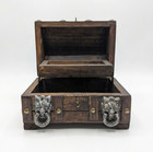 Vintage Treasure Chest Box Lion Handles Metal Latch Lift Tray Wooden