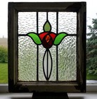 Old Leaded Stained Glass Window Original White Chippy Paint Wood Frame Tulip