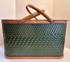 Vintage Hawkeye Burlington Green Woven Picnic Basket W metal Handles