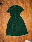 Vintage 1930-40s  Green Velvet Dress Lace Collar Short Sleeve Fitted Waist