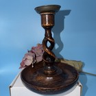 Antique English Oak Open Barley Twist Candlestick W  Dog Finger Grip Candle
