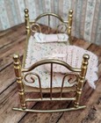 Vintage Brass Dollhouse Miniature Rocking Bed cradle With Bedding 1 12 Scale