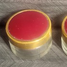 Vintage Art Deco Ribbed Glass Vanity Powder Jar Set Red Enamel Brass Lid