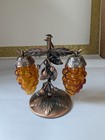 Vintage Bronze amber Glass Grape Salt   Pepper Shakers With Bronze Metal Stand