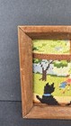 Vintage Framed Cross Stitch Summer Fun Black Cat Flowers Children Swing 6    X 6   