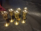 Vintage 6 Piece Set Of Etched Brass Communion Glasses And Storage Case