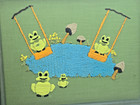 Vintage Frogs On Swings Mushrooms Crewel Embroidery  Finished Framed Mcm