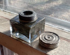 1860s Non Spilling Traveler s Pocket Inkwell Glass With Metal Collar   Cap