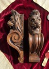 Antique Carved Lion Head Corbels Pair Architectural Wood Salvage Wall Brackets