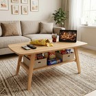 Mid Century Modern 100  Solid Oak Wood Coffee Table With Storage Shelf Office