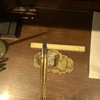 Vintage Brass And Glass Inkwell Set With Dip Pen And Pen Rest