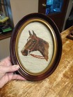 Vintage Oval Wooden Glass Framed Needlepoint Brown Red Horse Tapestry