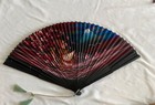 Japanese Folding Hand Fan  Sensu Mountains Sailboat Sea Pink Blue 24   x13    1950   s
