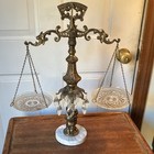 Ornate Brass-tone Cherub Scale Justice In Marble Base W  Hanging Cut Glass Trays
