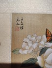 Vintage Chinese Silk Painting Hand Painted Flowers Butterfly Mid Century Signed