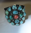 Vintage Native American Sterling  Turqoise    Coral Cuff Signed Vincent