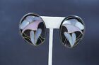 Nos Vtg Lee Sands 1970   s Abalone Mother Of Pearl Earrings Inlay Large Flower