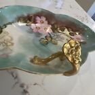 Antique Wg Limoges Tray Dish Gilt Handle Hand Painted Mint Green Pink Flowers