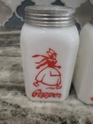 Hazel Atlas Skating Dutch Boy Girl White Milk Glass Salt   Pepper Shakers Red 