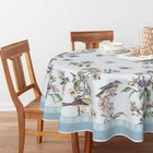 Floral Bordered French Tablecloth 90  90 Inch Round  Blue Flowers Birds Leaves   