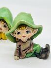Vtg Ceramic Elf Shelf Sitters Set 3 Green Pixie Fairies Kitsch Elves Christmas
