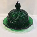Moser Glass Emerald Green Covered Butter Dish - Inverted Thistle Pattern