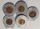 5 Encased Pennies Coins  Good Luck Tokens   1946 -1960s Meat  cars  world s Fair