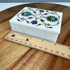 Vtg White Marble Stone Inlay Jewelry Box Floral Trinket Box 4x3  Patina Aztec