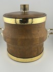 Vintage Mid Century Ice Bucket Vynyl Faux Wood 1960s Handles Lid Insulated