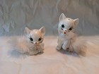 Vintage Enesco Cats W feathery Fur Figural Salt   Pepper Shaker Set White Kitsch