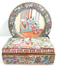 Antique  famille Rose Medallion  Chinese Porcelain Plate   Lidded Box Rare Set