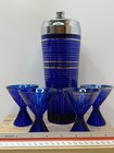 Vintage Cobalt Blue Cocktail Shaker Set 4 Glasses Silver Stripe Art Deco Barware