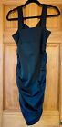Black Evening Cocktail Party Bodycon Ruched Shiny Black Fitted Dress  Medium