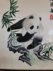Vintage Chinese Art Silk With Hand Embroidered Panda  Bamboo Style Green Frame