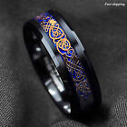 8mm Black Tungsten Ring Rose Gold Celtic Dragon Blue Carbon Fibre Atop Jewelry