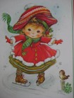 Unused 1960s Vintage Greeting Card Christmas Cute Girl In Red Coat Ice Skating