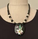 Lee Sands Vintage Abalone Onyx Rose Quartz Flower Inlay Pendant Bead Necklace 