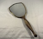 Vtg Gold Tone Metal Handheld Vanity Hand Mirror With Floral Back Design