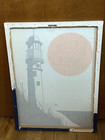 Vtg Marushka Blue Light House Orange Sun Canvas Screen Print Art Beach 18x24 