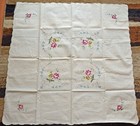 Vintage Square Cross Stitched Linen Tablecloth W  Floral Design Scalloped Edge