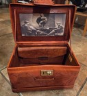 Vtg Hand Tooled Leather Brown Train Case Cosmetic Jewelry Pocket 40 s
