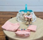 Vtg 2  Miniature Handmade Jointed Teddy Bear Pink Gingham Yoke Basket Bedding