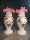 Pair Of French Victorian Opaline Ruffled Edge Vases Pink And White Bristol