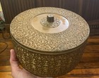 Vintage Hollywood Regency Rococo Ornate Gold Round Vanity jewelry sewing Box