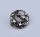 Antique Art Nouveau Figural Sterling Silver Circle Pin Brooch Floral Woman