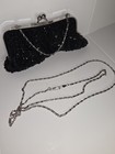 Vintage Black Beaded Evening Clutch  Silver-tone Frame  Chain Strap  Clasp