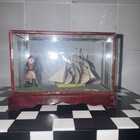 Vtg  98 Mini Sailing Ship Model In Glass Display Case Dark Cherry Base And Frame