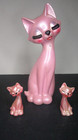 Vintage Kitsch Pink Cat With Her 2 Pink Kittens With Large Eyelashes        Z154