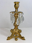 Vintage Hollywood Regency Ornate Etched Cast Metal Crystals Candle Holder   5217